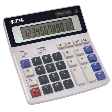 BETTER OFFICE PRODUCTS Ex Large Desktop Calculator, 12-Digit LCD Display, Light Gray, Dual Power W/Included AA Battery 00404